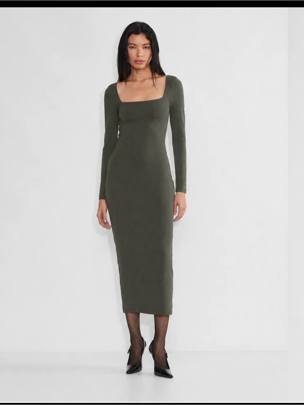 XS Aritzia Olive Green Long Sleeve Square Neck Midi Dress